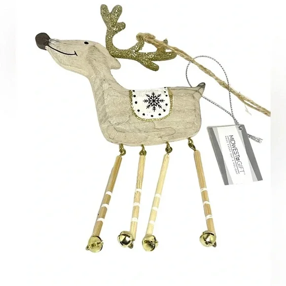 Holiday Ornament Deer With Glitter Antler’s Bells Dangle Legs - Picture 3 of 3